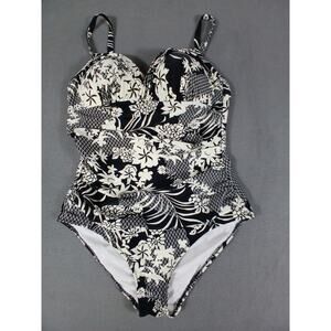 Seekers Essentials Australia XL One Piece Swimsuit Black White Floral Ruched